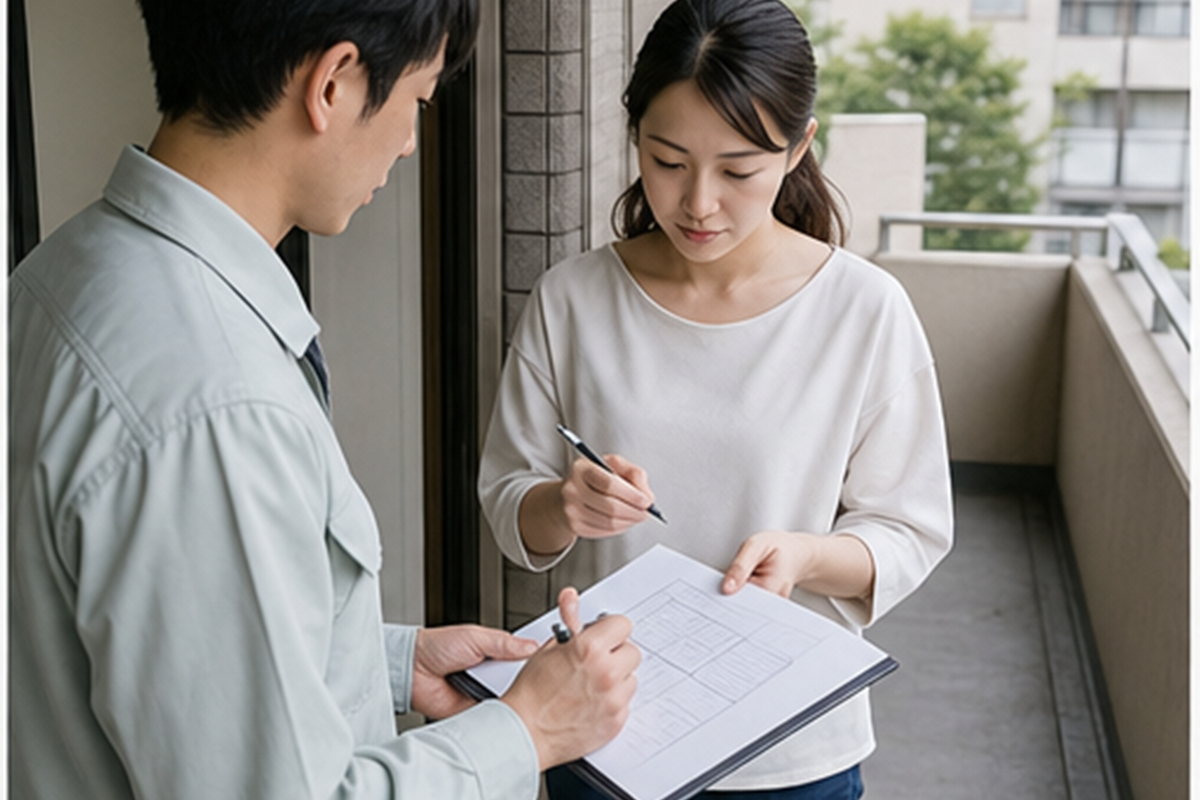 ベランダ全体と避難設備を確認する