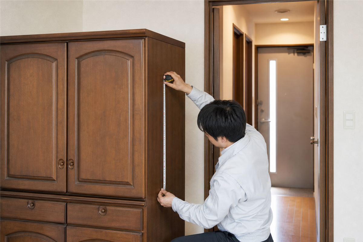 大型家具と搬出経路を採寸する様子