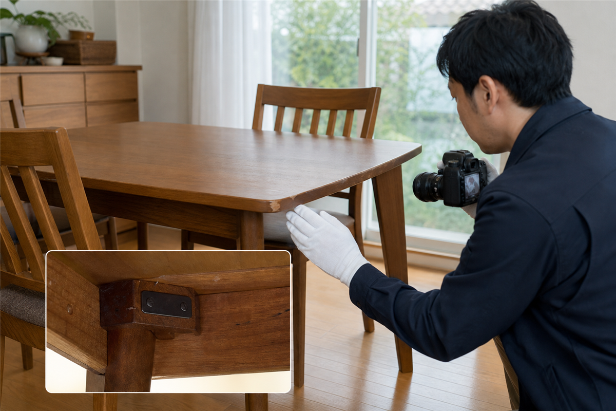 大型家具の状態を撮影して査定準備する様子