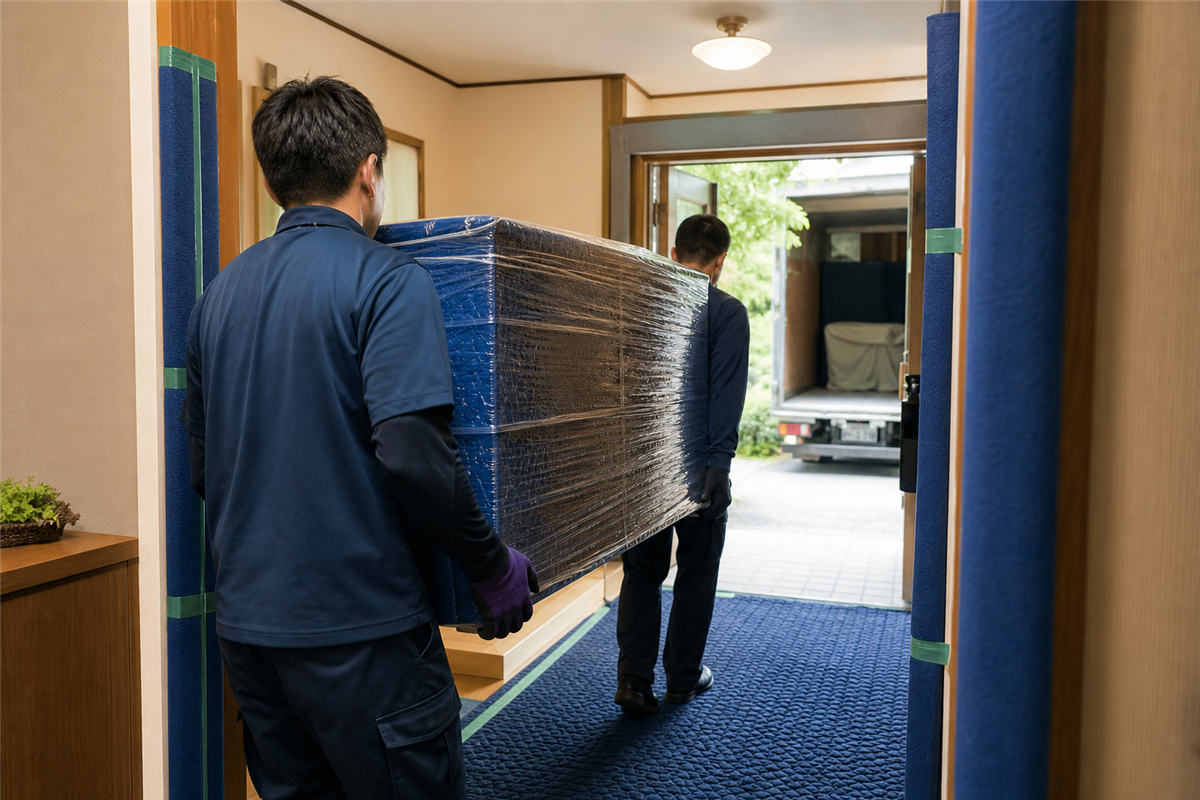 床と壁を保護して大型家具を搬出する作業員