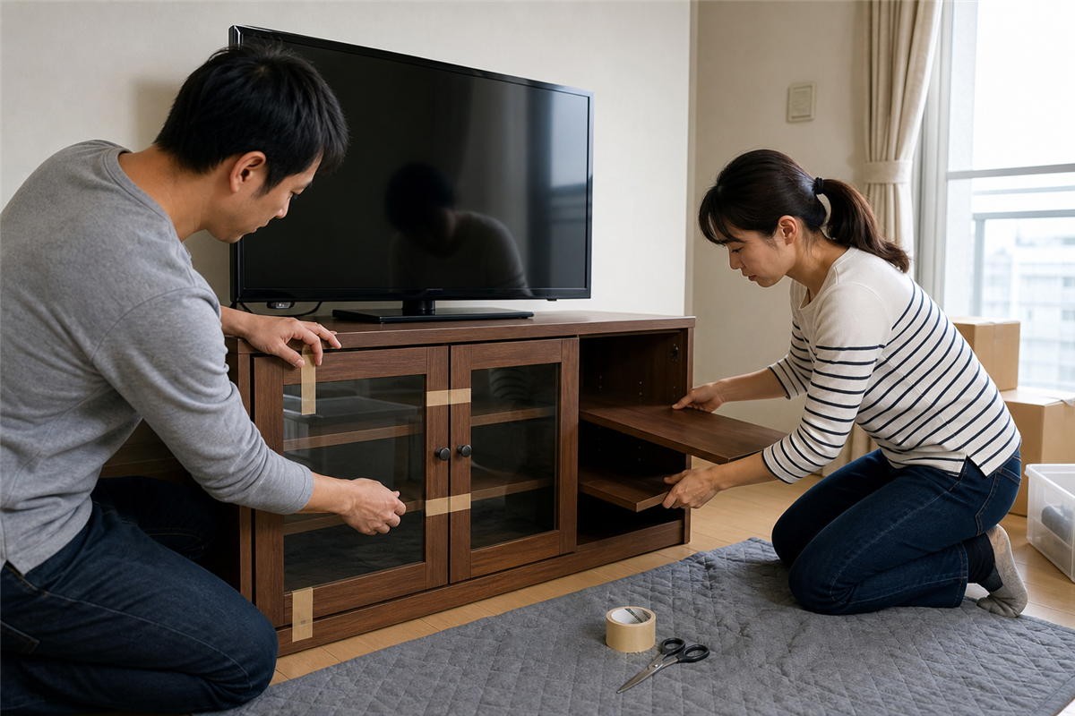 ガラス扉と棚を保護する様子