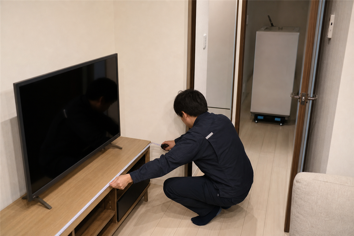 テレビ台の搬出経路を測る様子