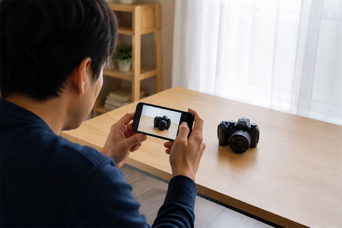 デジタルカメラの状態をスマートフォンで撮影している様子