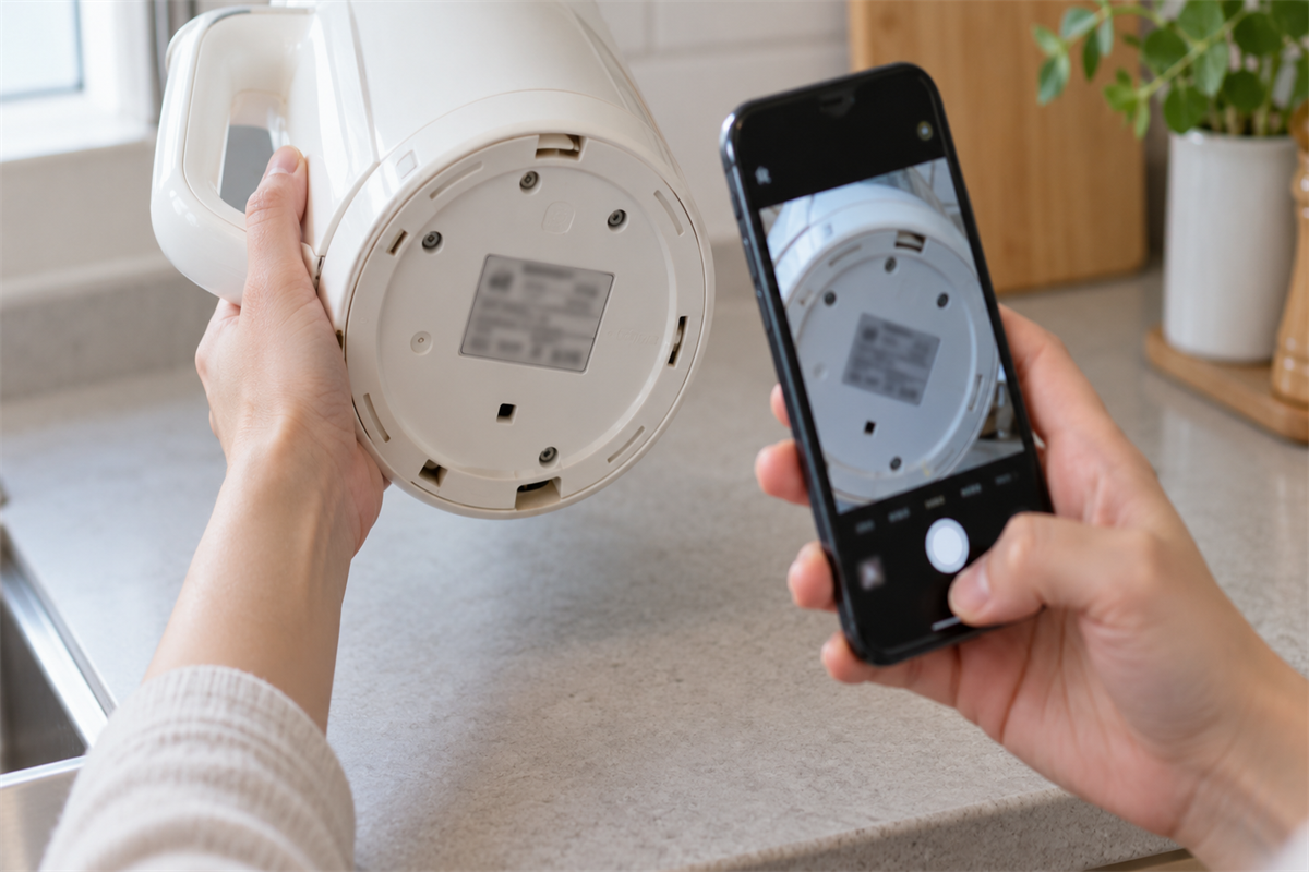 電気ケトル底面の型番表示をスマートフォンで撮影する様子