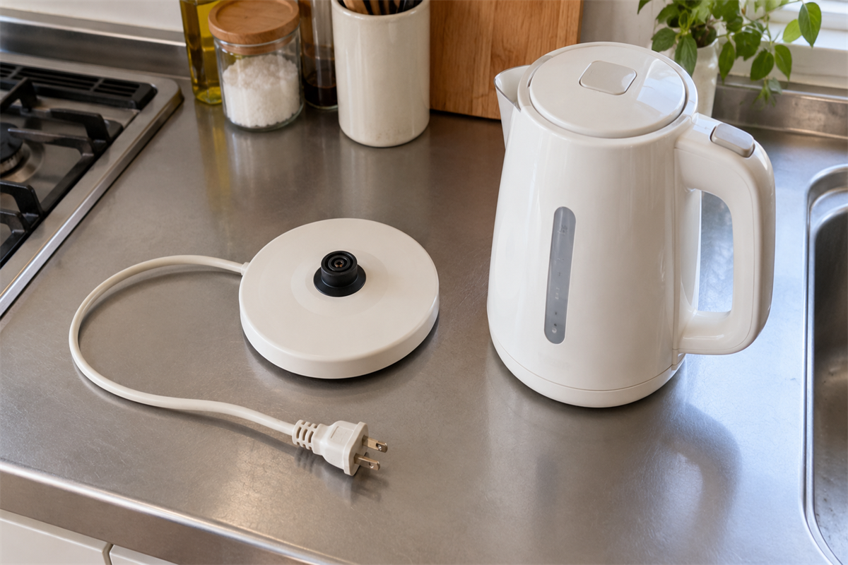 電気ケトルの電源台、コード、電源プラグを並べた状態