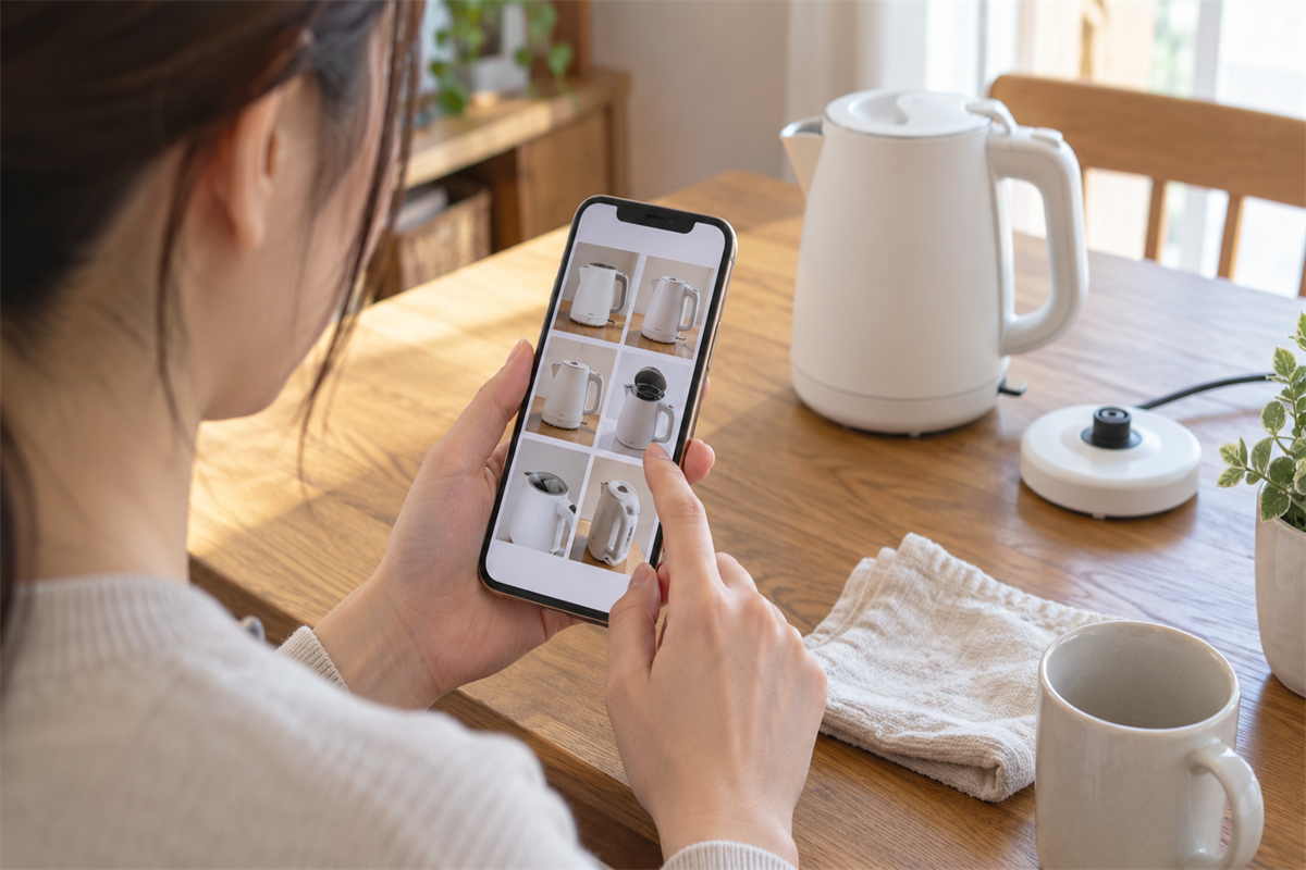 スマートフォンで電気ケトルの相談用写真を整理する様子