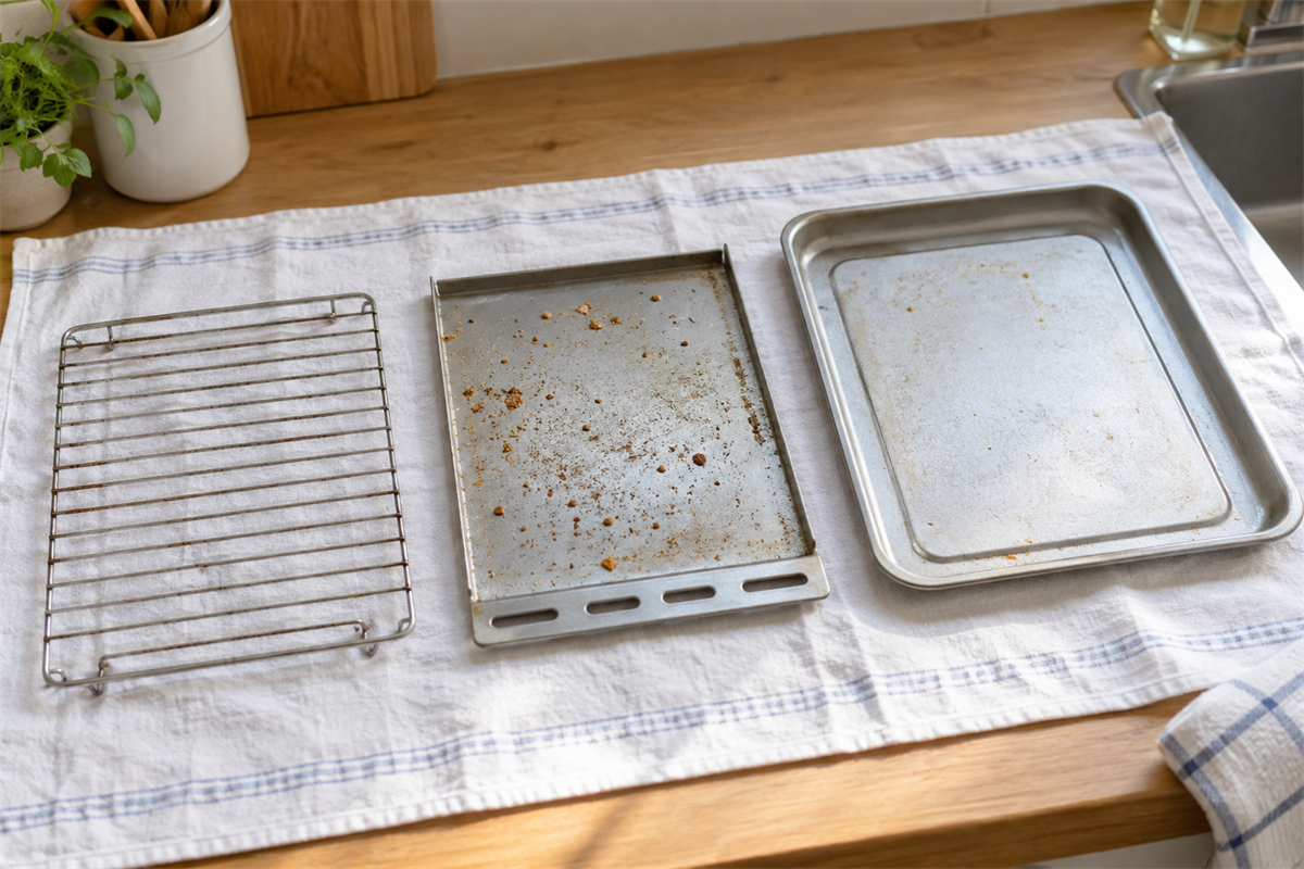 焼き網、くず受皿、調理トレーを重ねずに確認する様子