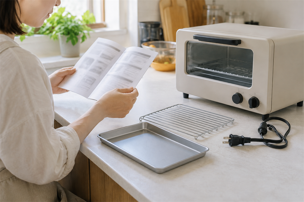 オーブントースターの電源コードと付属品を確認する様子