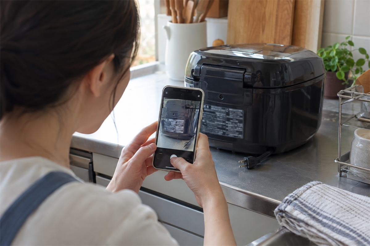 炊飯器本体の表示ラベルをスマートフォンで撮影する様子
