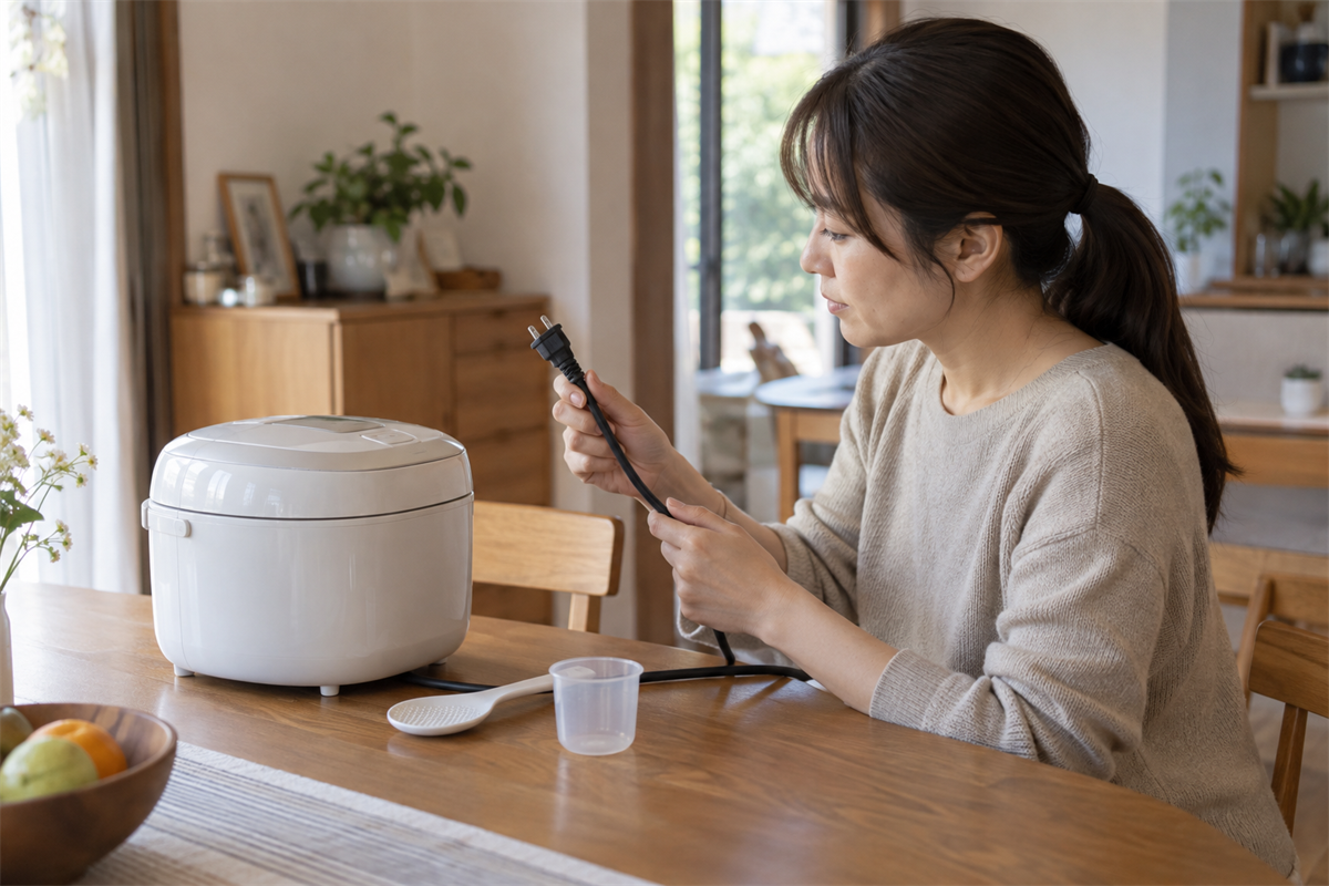 炊飯器の付属品と電源コードを並べてプラグを確認する様子