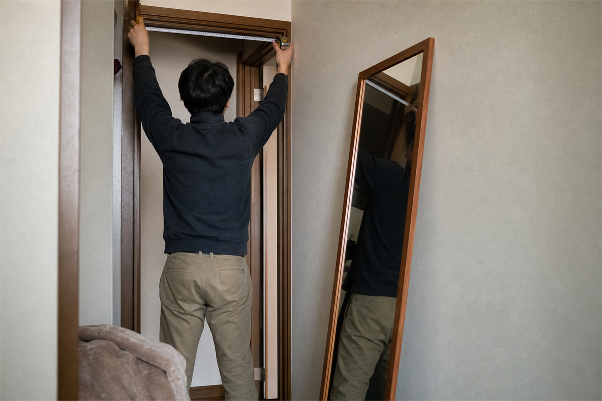 姿見から室内ドアまでの搬出幅を確認する場面