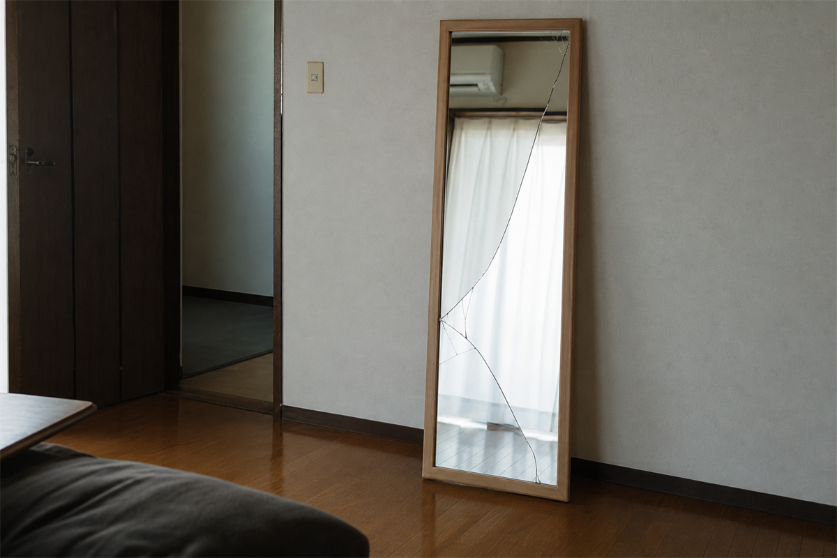 鏡面のひびと枠を触らずに目視確認する様子