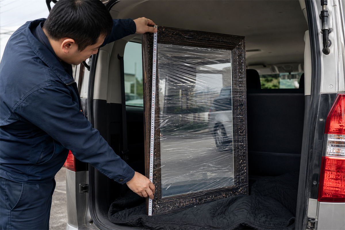 車へ載せる前に姿見と荷室寸法を比べる場面