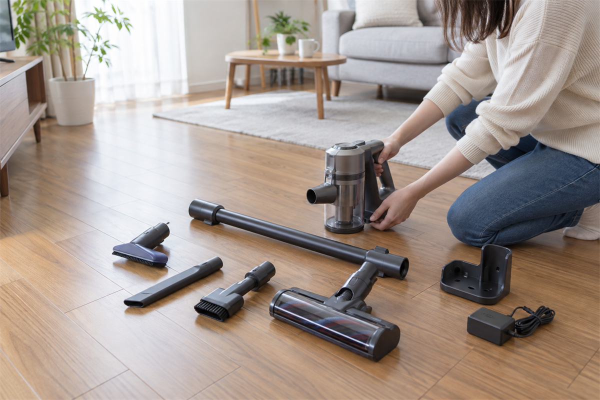 掃除機本体と手元にある付属品を一式で並べる様子