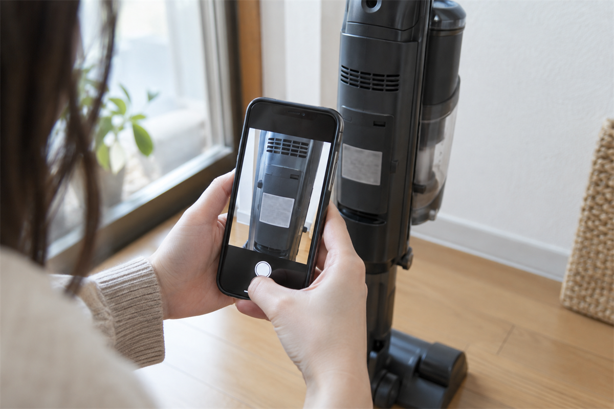 掃除機の品番・製造表示をスマートフォンで撮影する様子