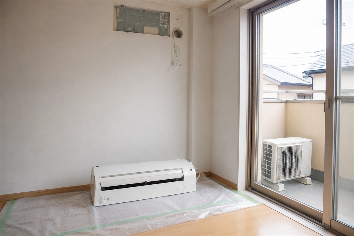 取り外し済みの室内機とベランダに残された室外機