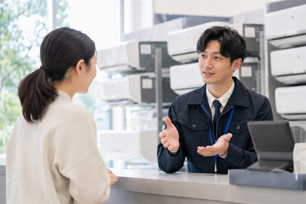 家庭用エアコンの処分について家電販売店で相談する様子