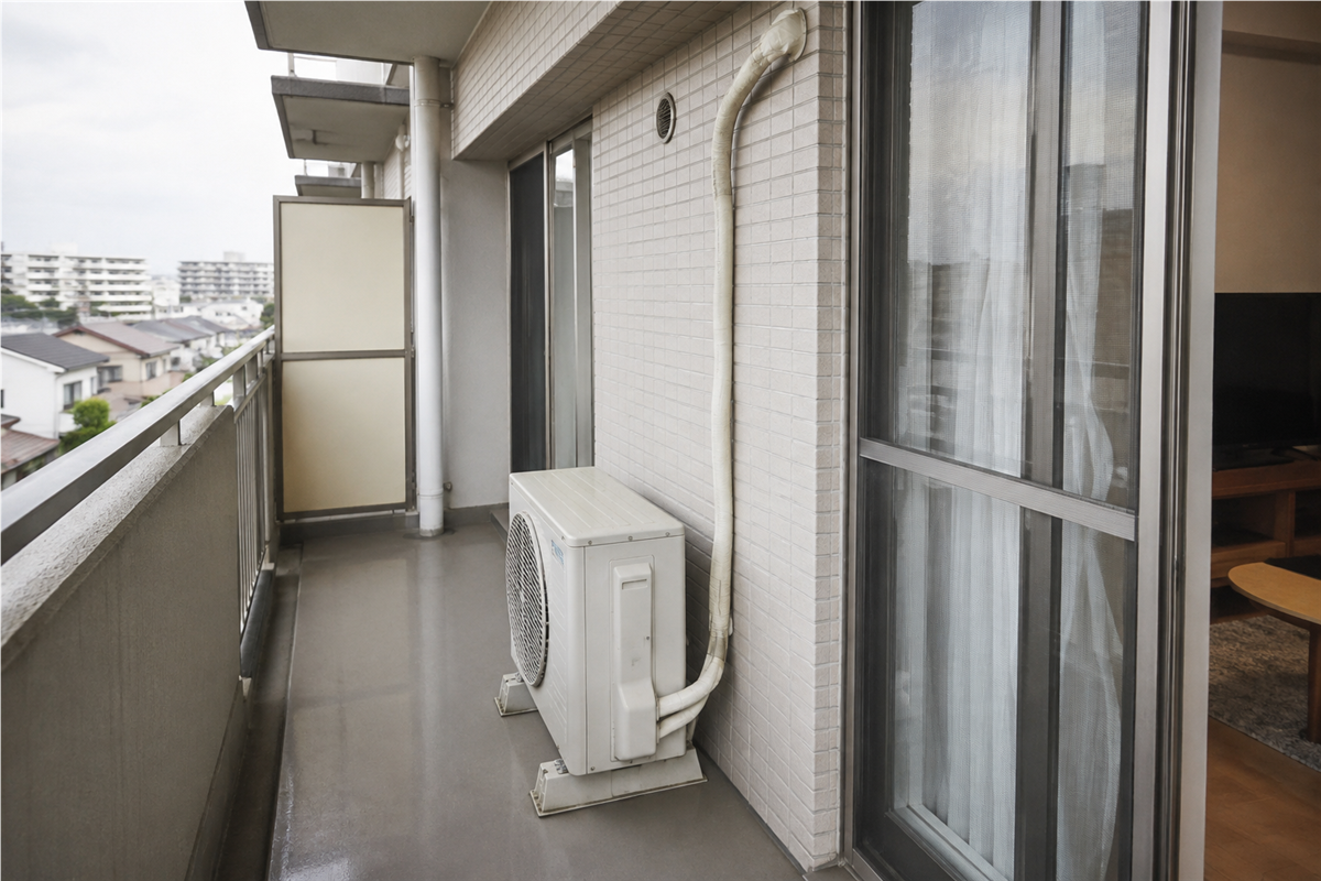 日本の集合住宅のベランダにあるエアコン室外機と配管