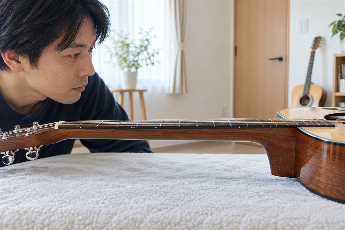 アコースティックギターのネックと弦を横から確認する様子