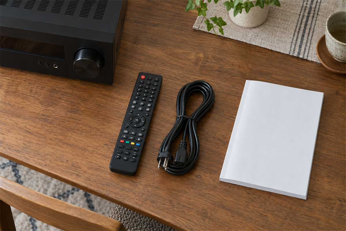 AVアンプのリモコンと電源コードなどの付属品