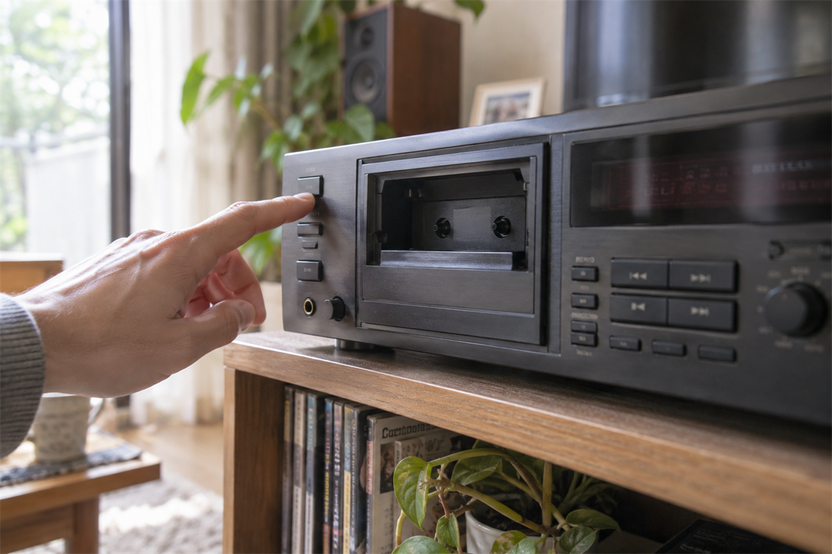 テープを入れずにDATデッキの通電を確認する場面