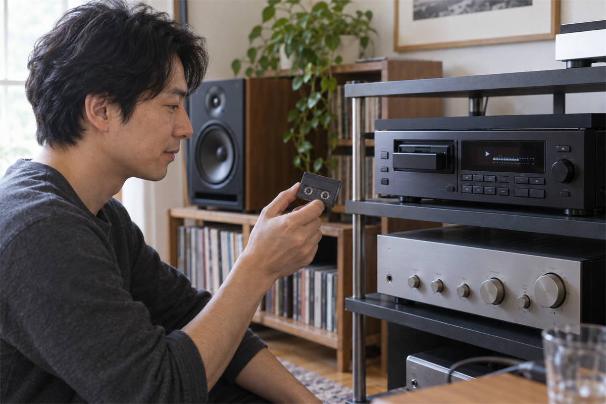 テスト用テープでDATデッキの再生とテープ走行を確かめる場面