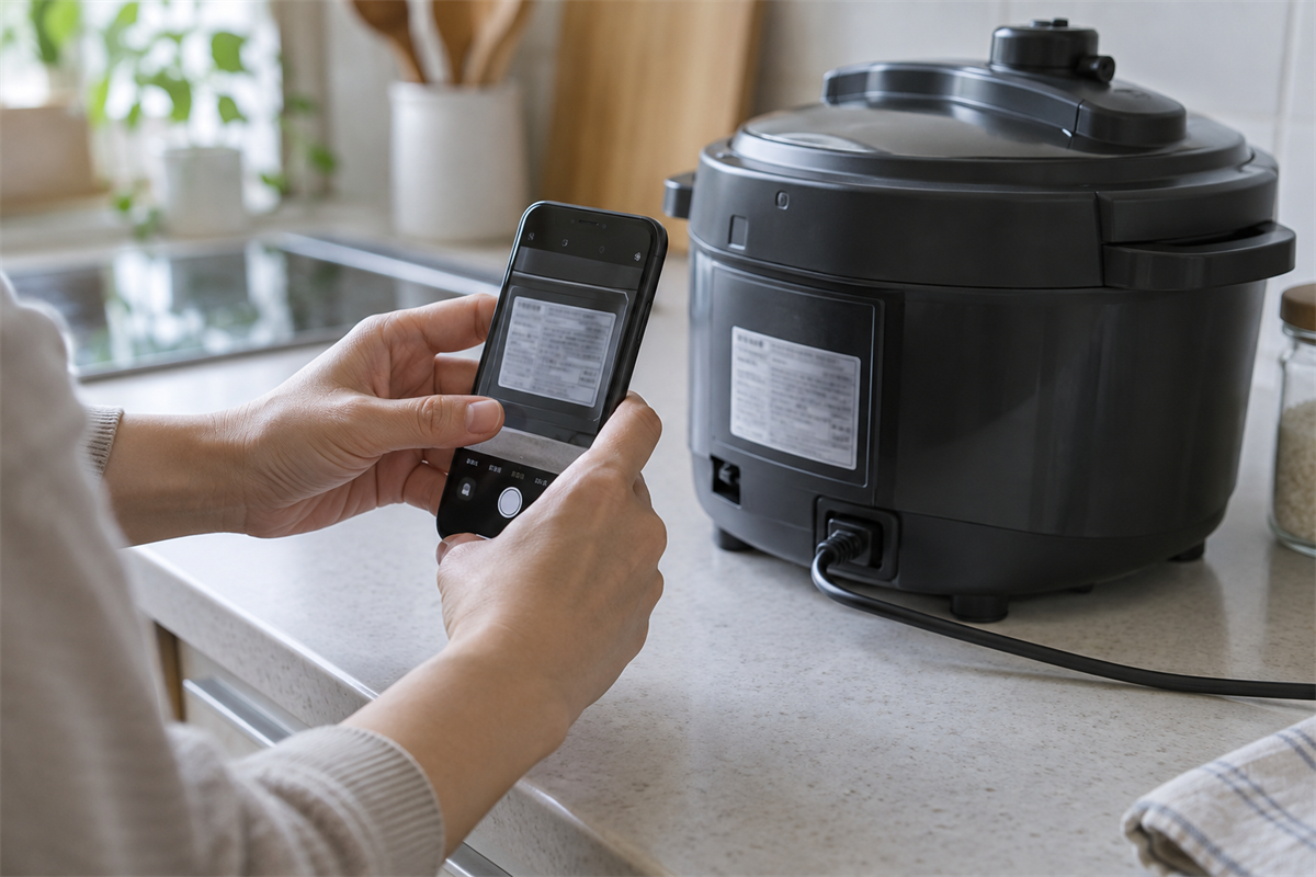 電気圧力鍋の品番表示をスマートフォンで撮影する様子