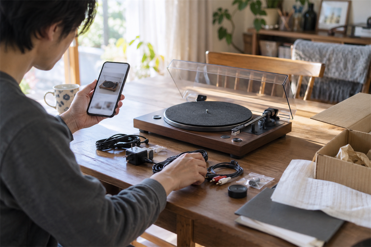 レコードプレーヤーの写真と付属品を見ながら相談内容を整理する場面