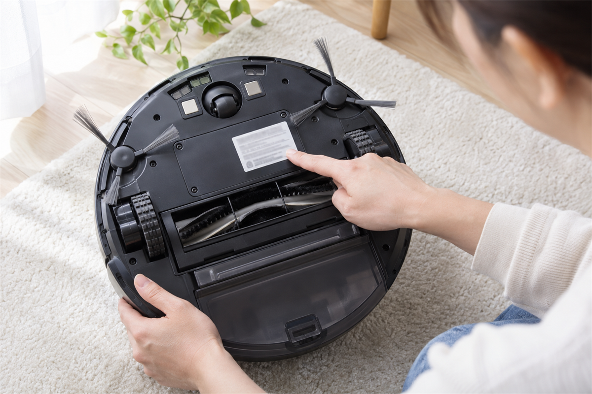 ロボット掃除機の底面にある型式表示を確認する手元