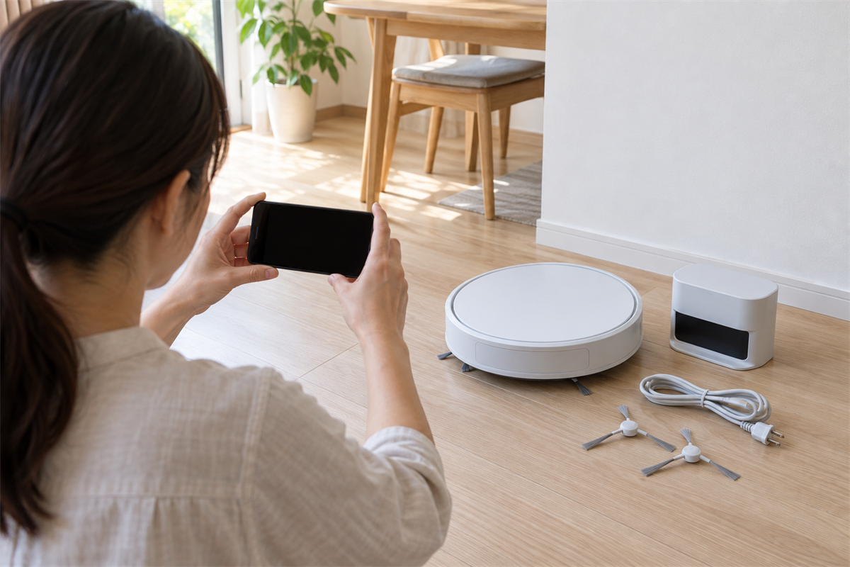 ロボット掃除機の本体と付属品を相談用に撮影している様子