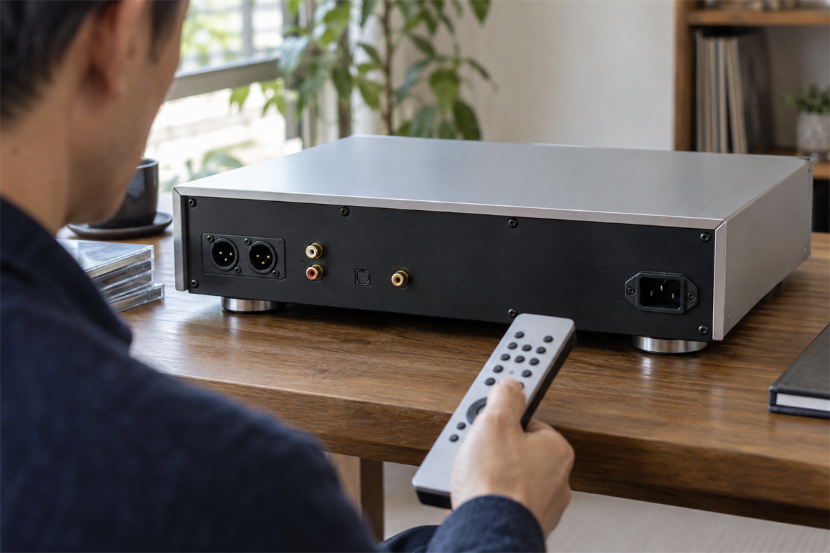 SACD・CDプレーヤーの出力端子とリモコンを確認する様子