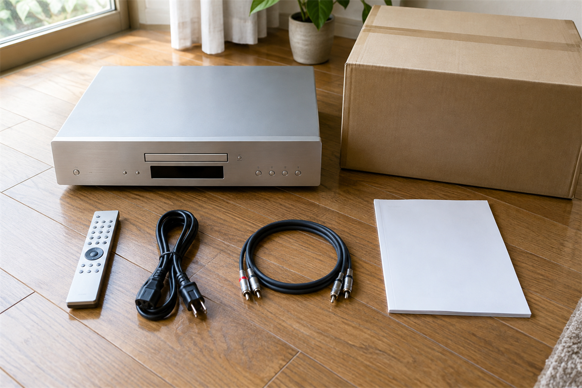 リモコンや電源コードなどSACD・CDプレーヤーの付属品を並べた状態