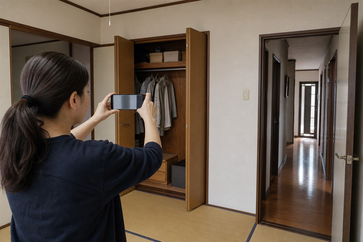 遺品整理の見積りで部屋全体と収納の写真を確認する様子
