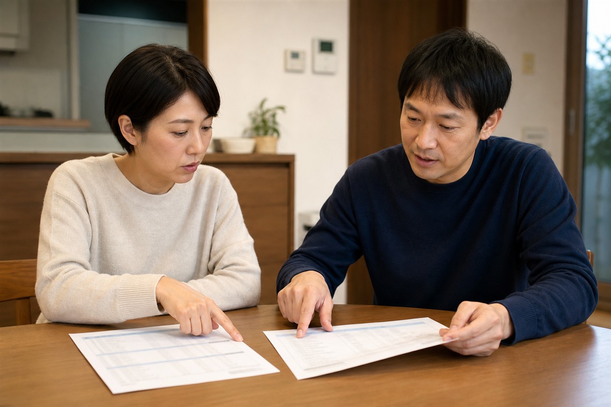 遺品整理の複数の見積書で合計額と作業範囲を比べる様子