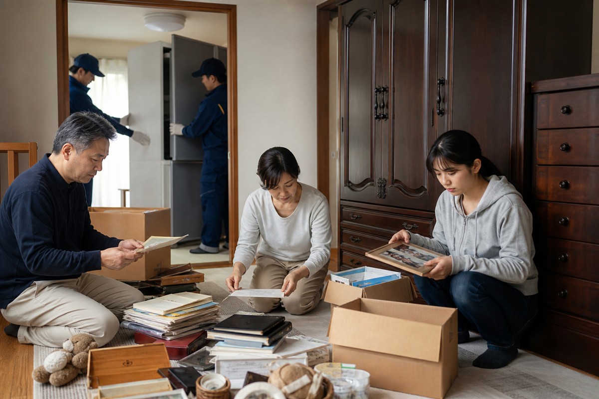 遺品整理で処分品と家族が残す品を分けている様子
