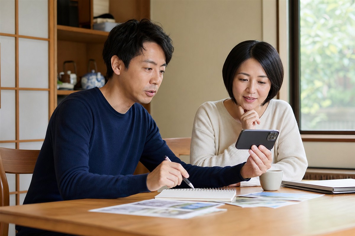 遠方の実家の遺品整理について家族で相談する様子