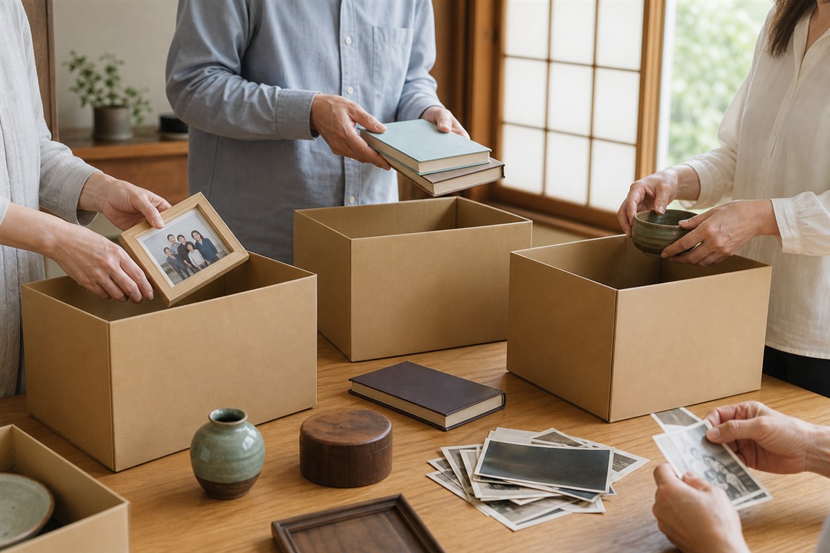 実家の遺品を残す物と保留品に仕分ける様子