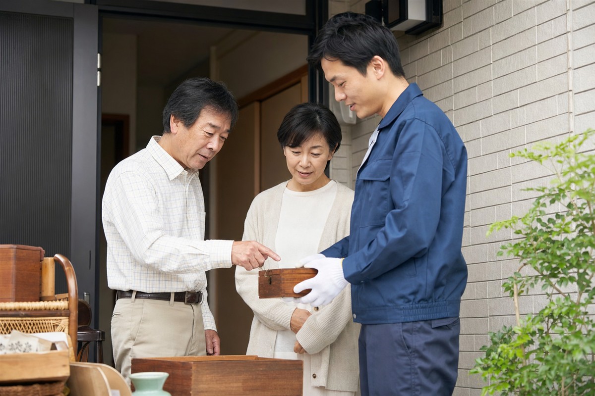 遺品整理業者と実家の片付け範囲を確認する家族