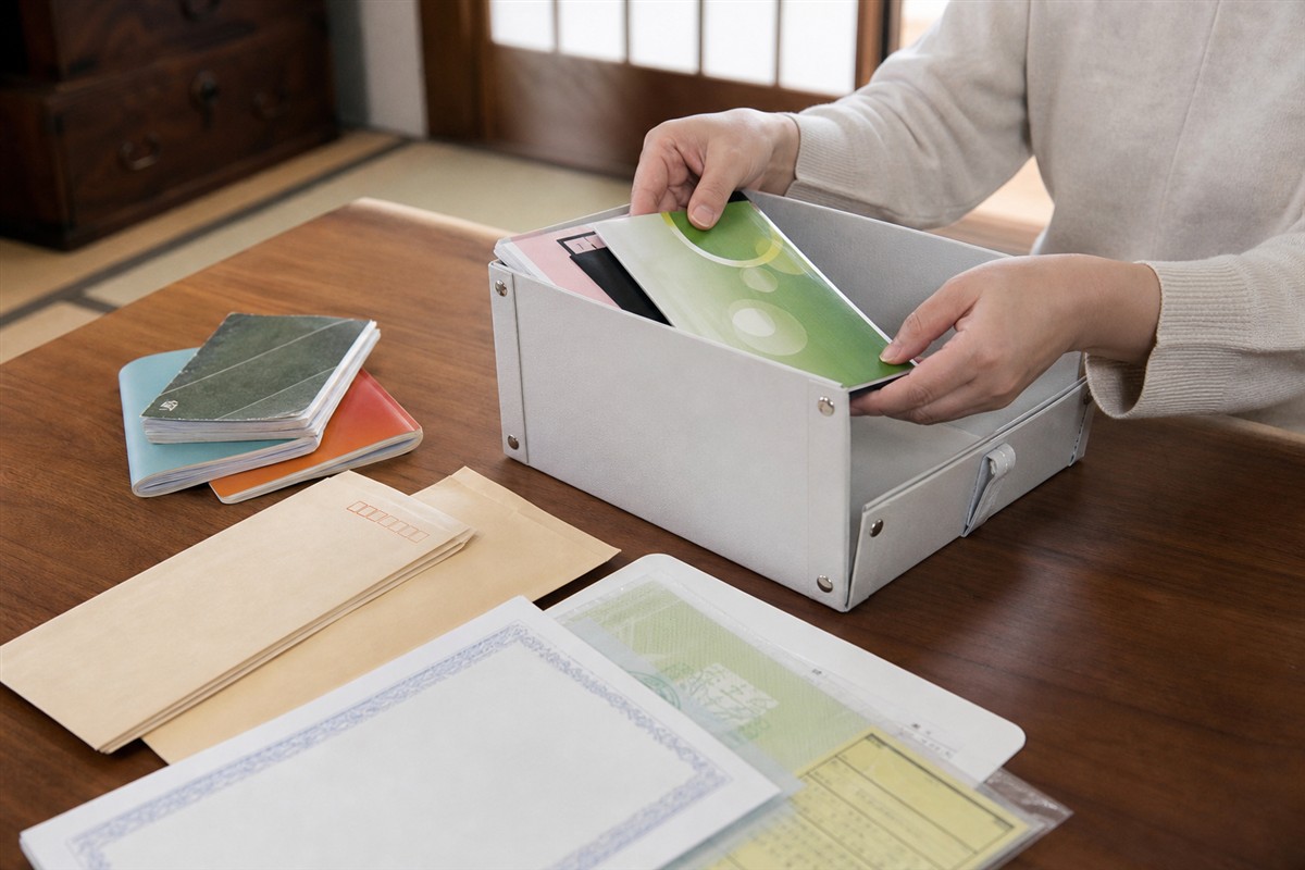 遺品整理で重要書類を一か所に集める様子