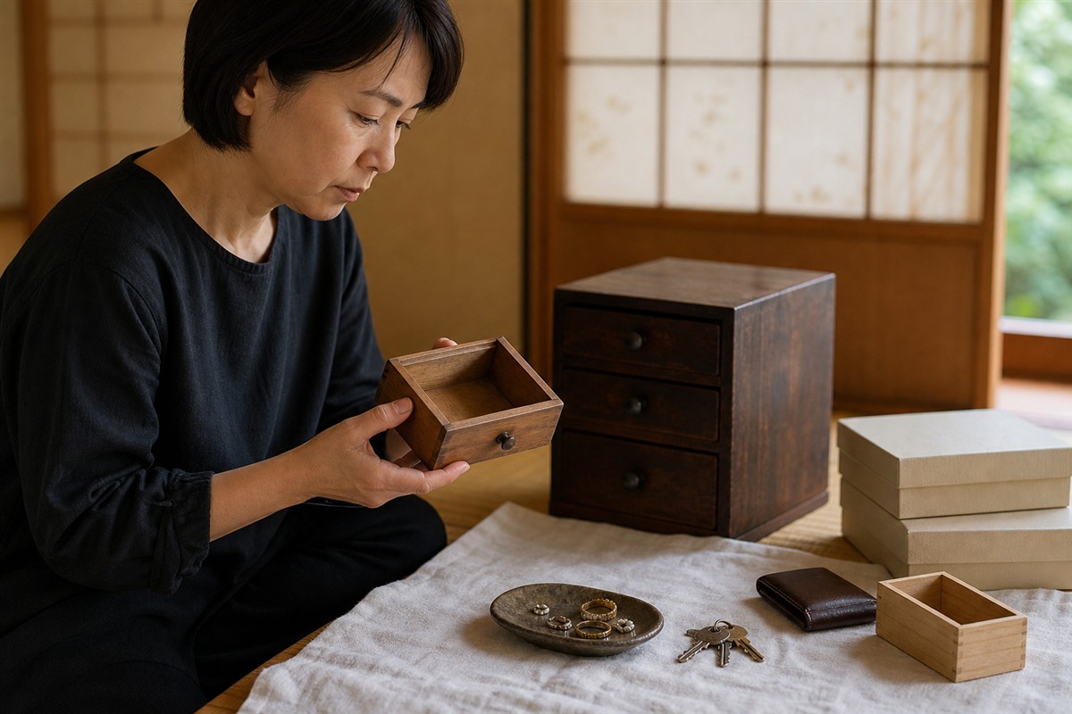 遺品整理で小箱や引き出しの貴重品を確認する様子