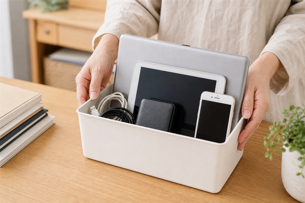 遺品整理でスマートフォンとパソコンを保管する様子