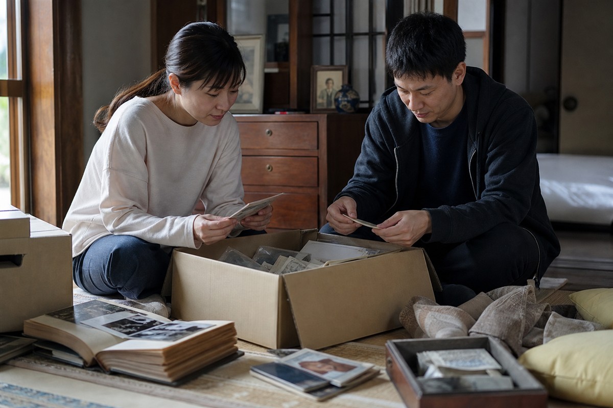 写真や手紙などの思い出の品を保留箱へ分ける様子