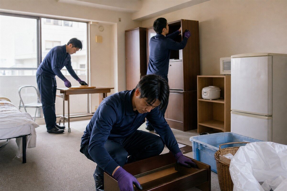 賃貸住宅で遺品を仕分ける日本人スタッフ