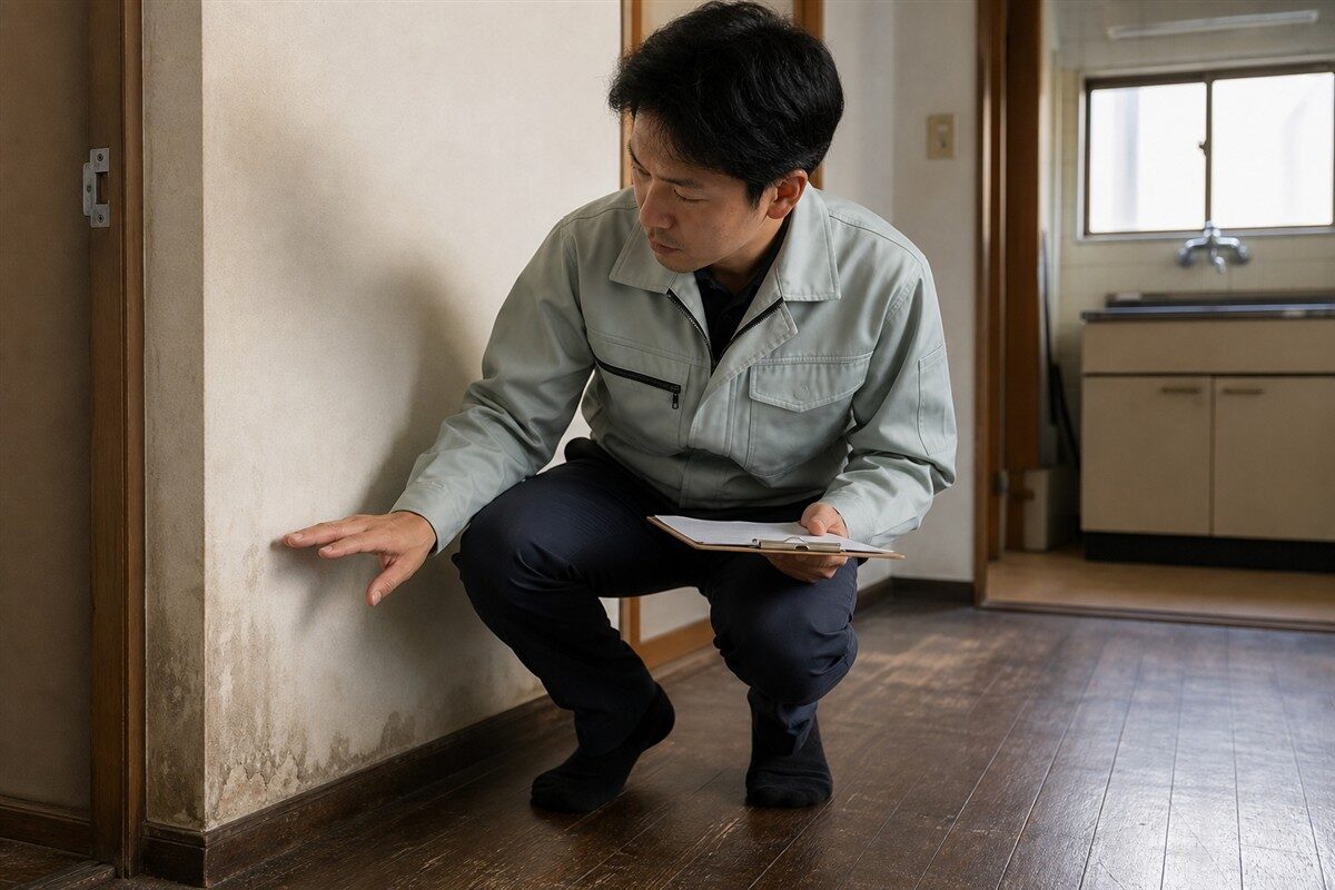 遺品整理後の室内を確認する日本人スタッフ