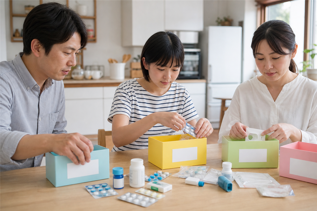処方薬・市販薬・貼付薬を薬袋ごとに分ける