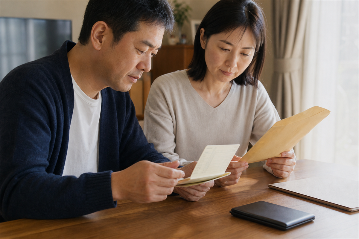 年金の振込通知と通帳を照合する様子