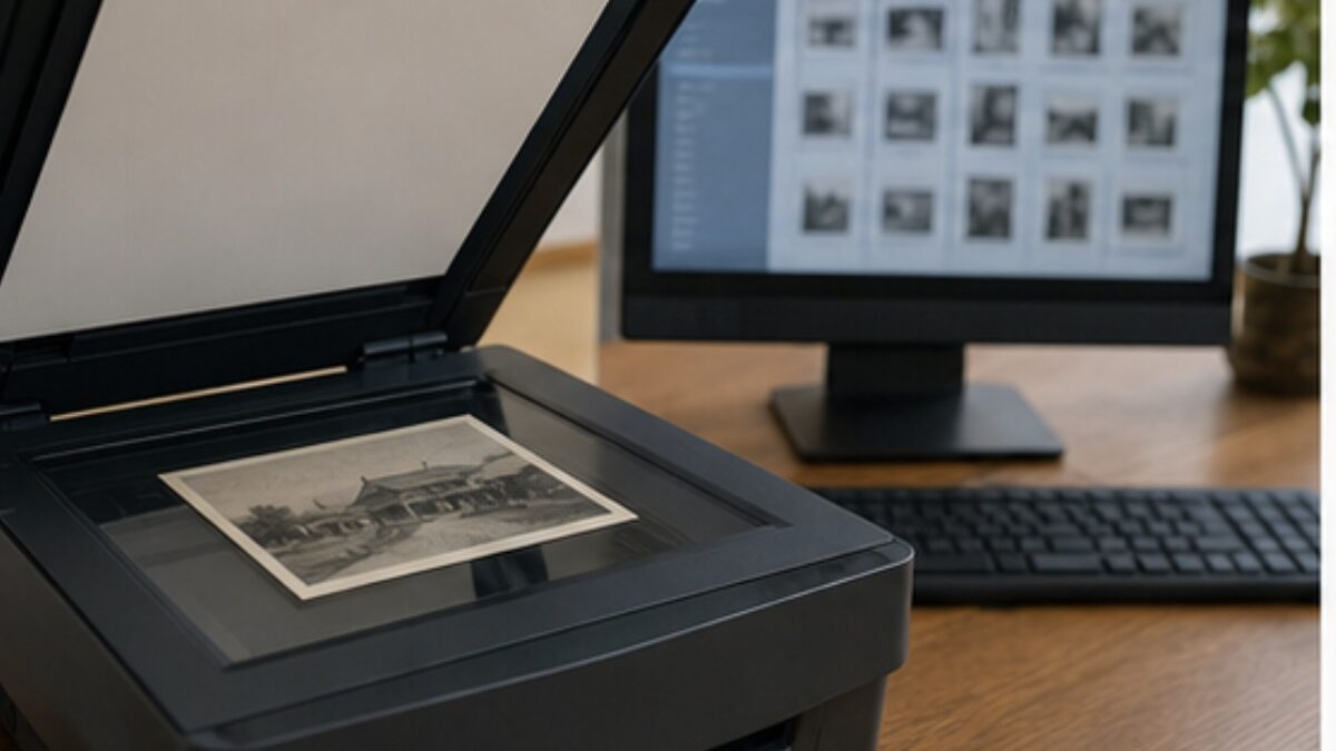 遺品整理で選んだ古い写真をスキャナーでデータ化する様子