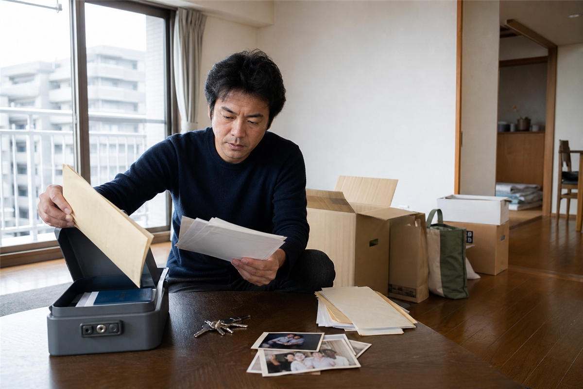 賃貸契約書と鍵の返却日を確認する様子