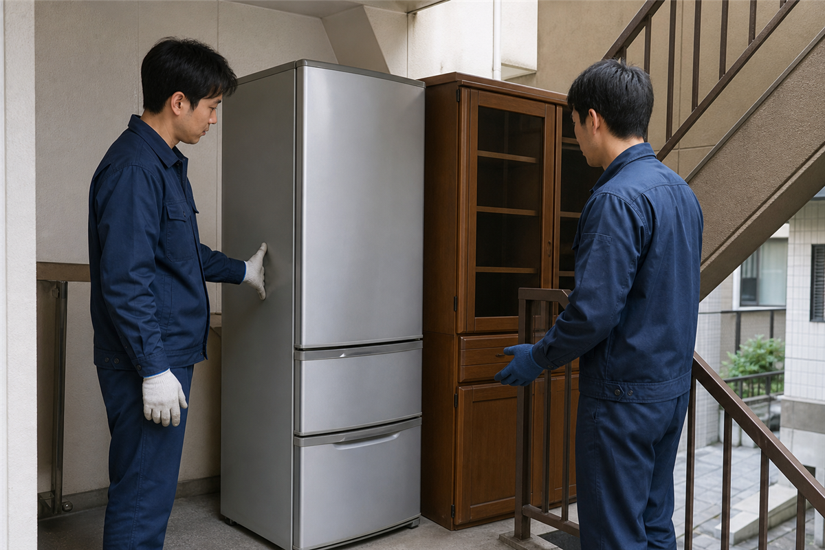 大型家具が賃貸住宅の階段を通るか確認する様子