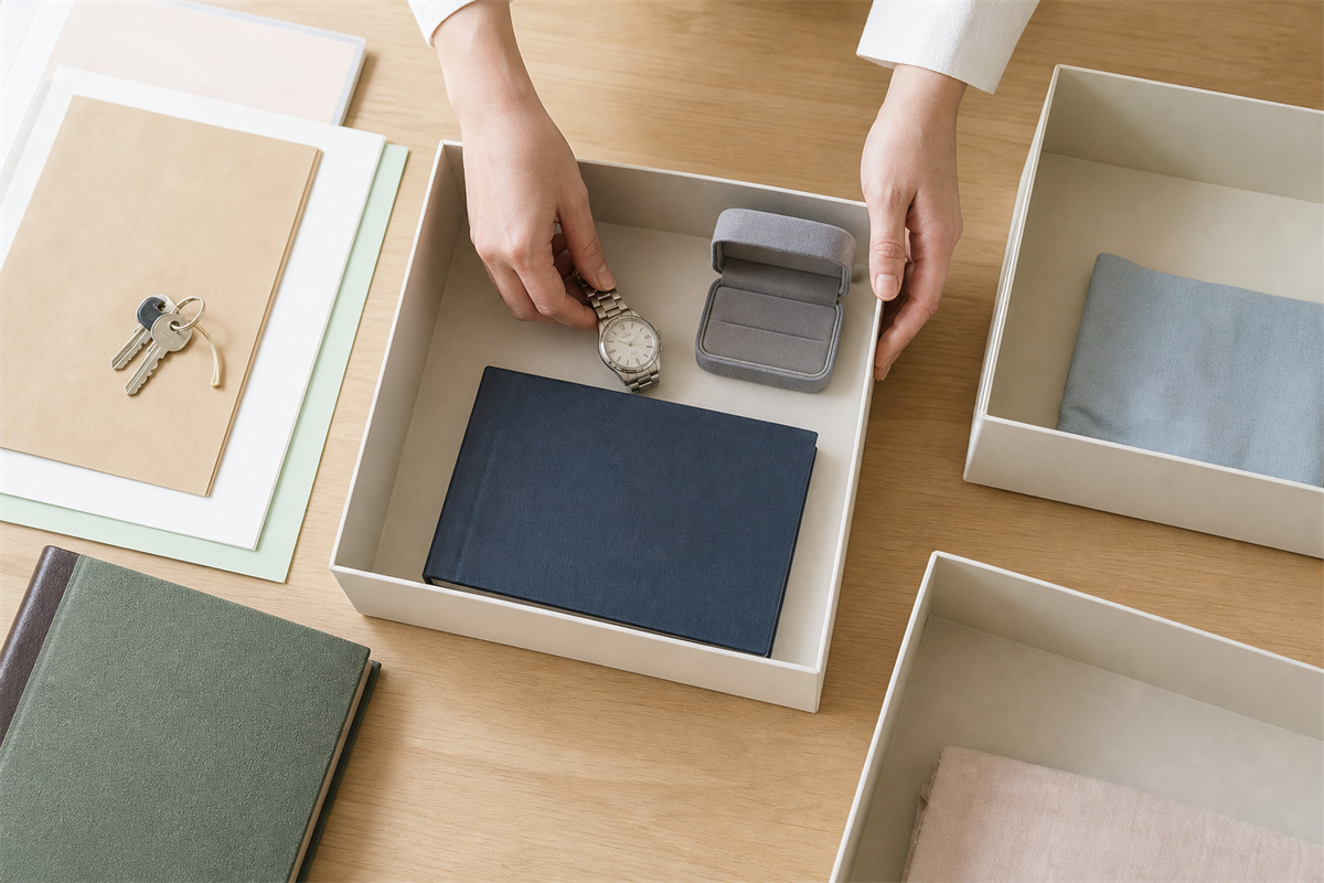 遺品整理で重要書類や写真を保留箱へ分ける様子